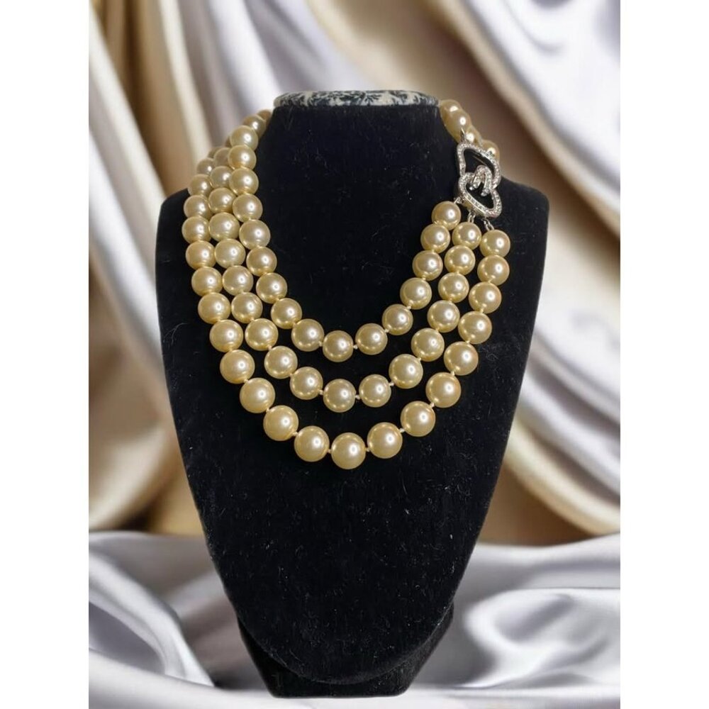 Kenneth Jay Lane  3-Row Ivory Glass Pearl Choker Necklace 22K gold electroplated
